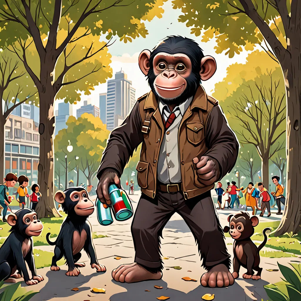 a monkey with a bottle of alcohol standing in front of a group of monkeys in a park with people, furry art, a storybook illustration, Chris LaBrooy, kim jung gi