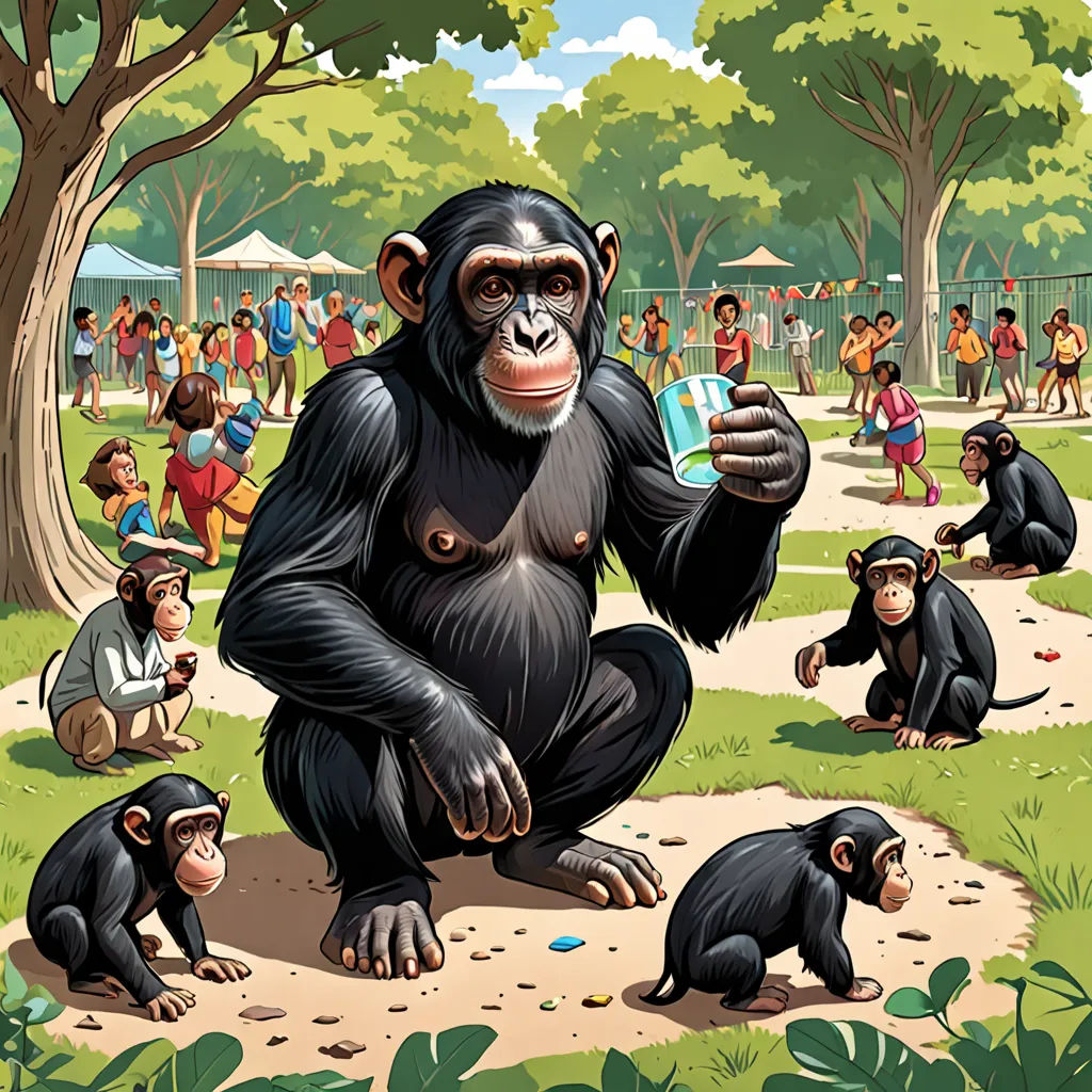 a group of monkeys sitting on top of a lush green field next to a tree and a park filled with people, primitivism, an illustration of, Chris LaBrooy, furaffinity