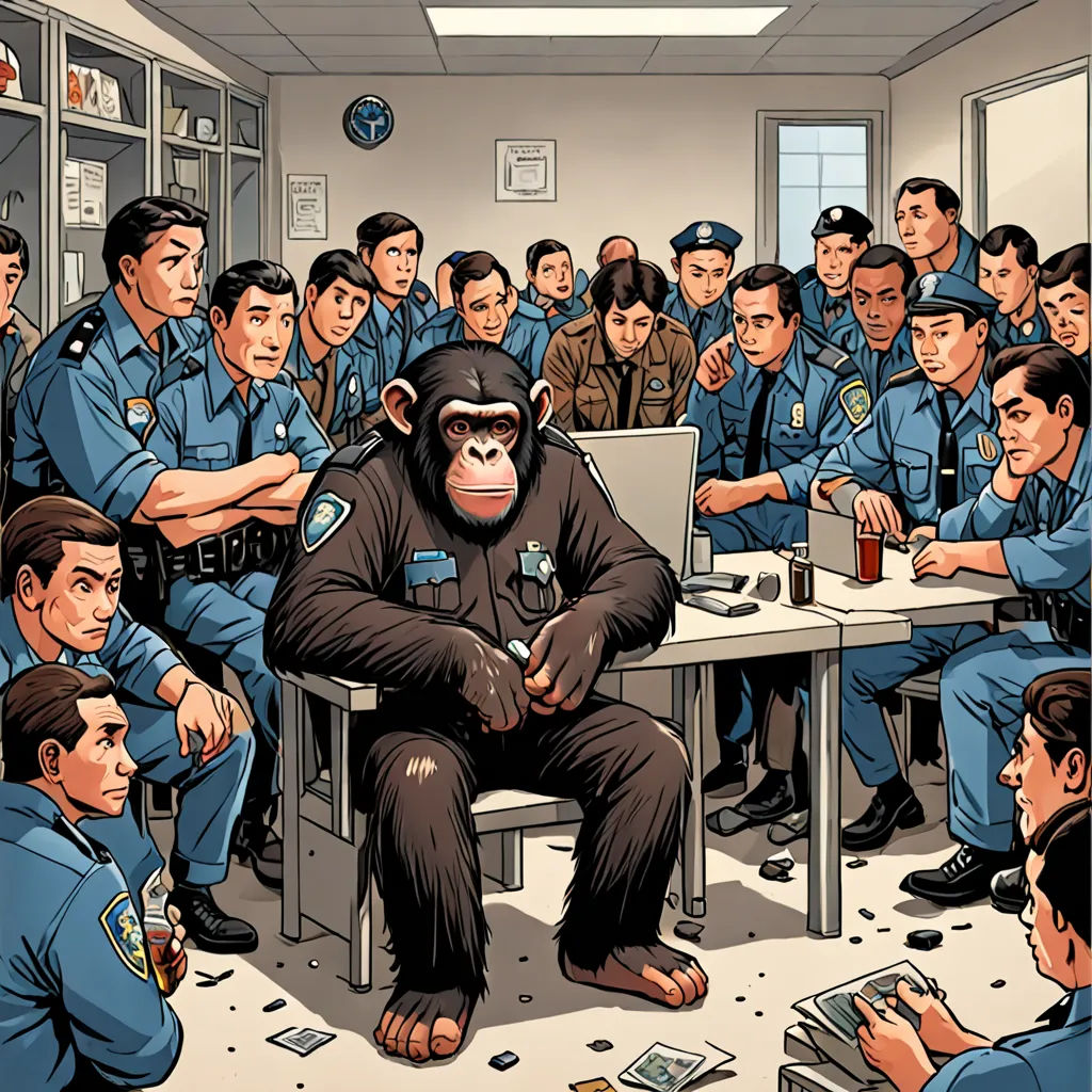 a cartoon of a gorilla sitting in front of a group of police officers in a room full of men, figurativism, a storybook illustration, Alex Petruk APe, furaffinity
