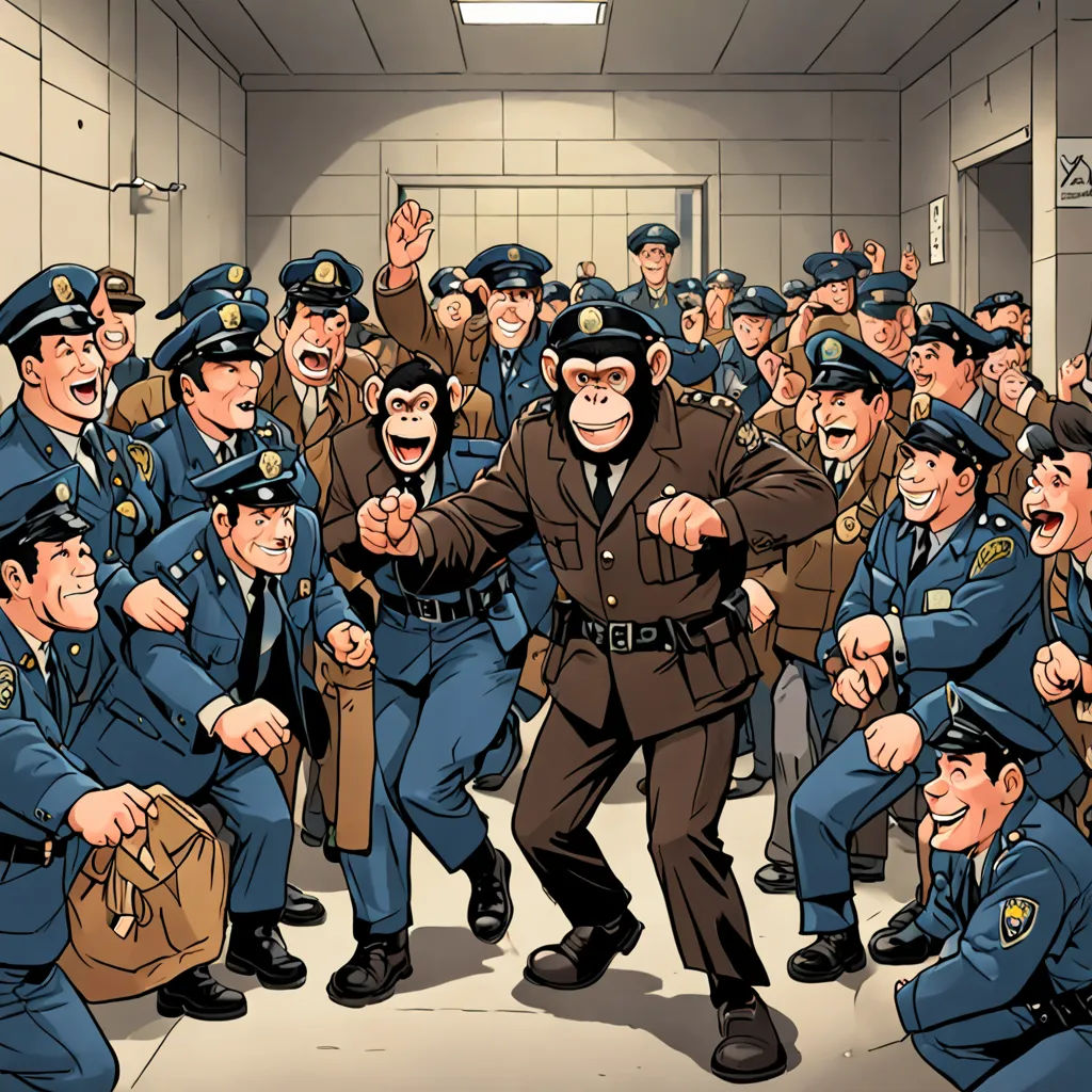 a cartoon of a man in a suit surrounded by police officers and a monkey in a suit and tie, furry art, a comic book panel, Diego Gisbert Llorens, furaffinity
