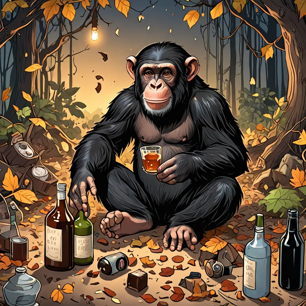 a monkey sitting on the ground with a glass of wine and bottles of liquor in front of it, surrounded by leaves and a light bulb, primitivism, a storybook illustration, Alex Petruk APe, cgstudio