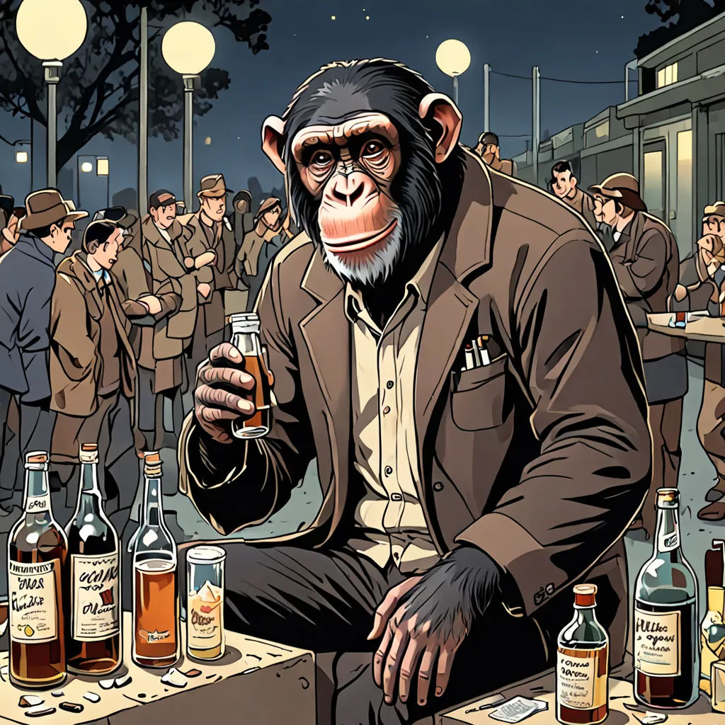 a monkey sitting on a table with a bottle of beer in his hand and a man in a suit sitting on the table, harlem renaissance, a comic book panel, Asaf Hanuka, laurie greasley