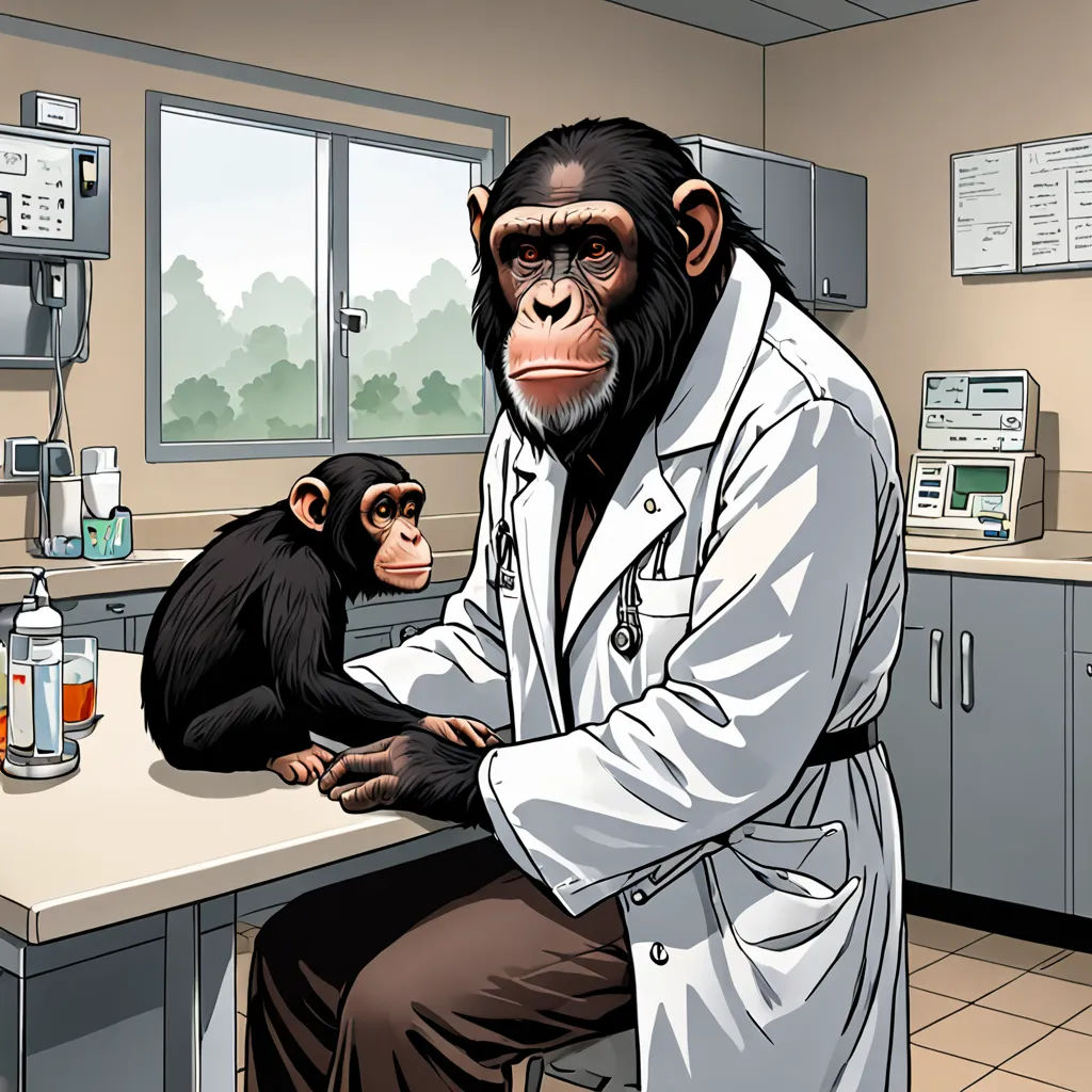 a monkey sitting on a table next to a monkey in a lab coat and a monkey in a lab coat, naturalism, a comic book panel, Alex Petruk APe, official art