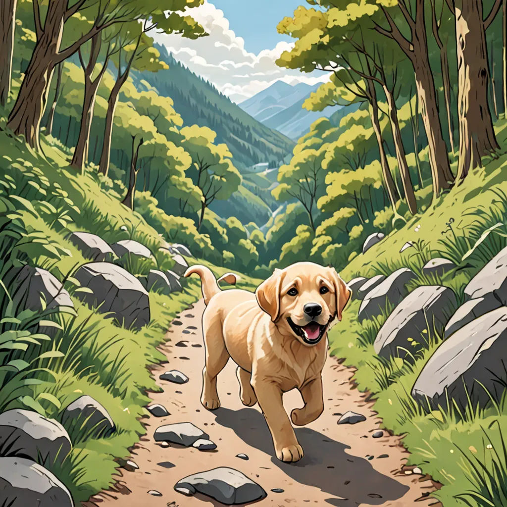 a dog is running down a path in the woods with rocks and grass on both sides of the path, furry art, a storybook illustration, Dan Mumford, storybook illustration