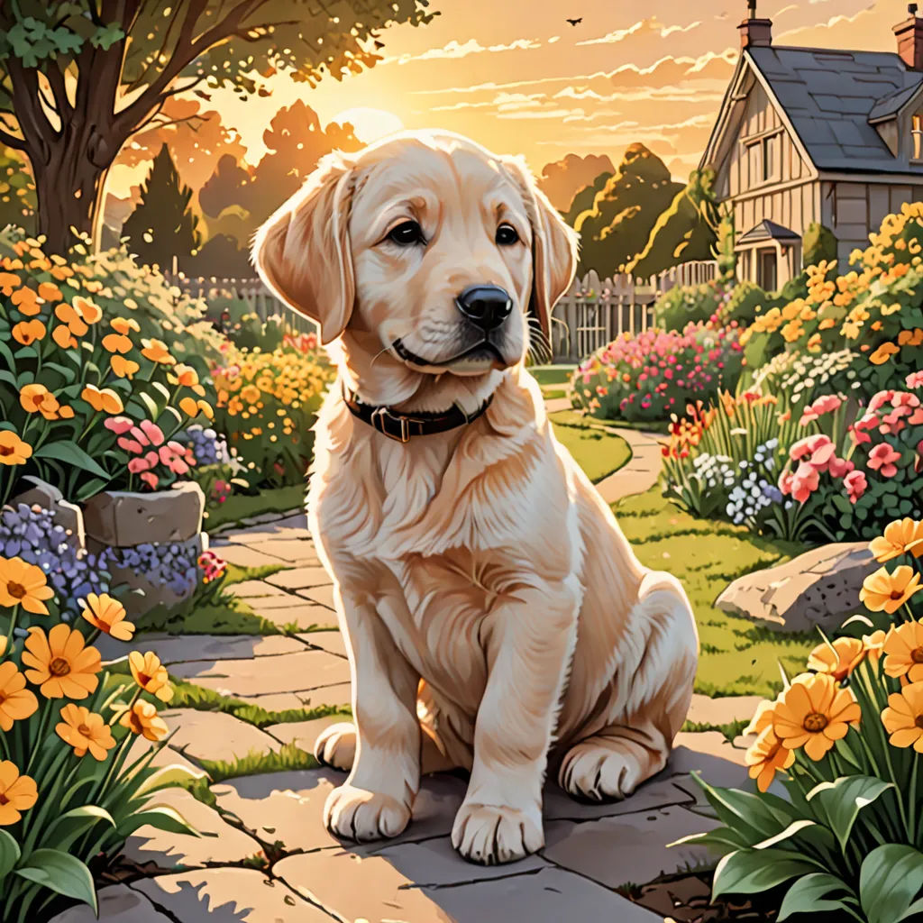 a dog sitting on a stone path in a garden with flowers and a house in the background with a sunset, american scene painting, a fine art painting, Edwin Georgi, highly detailed digital painting