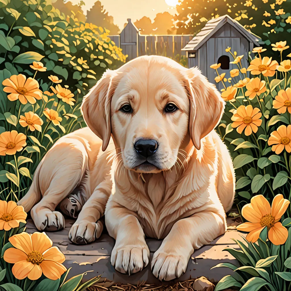 a painting of a dog laying in a field of flowers with a birdhouse in the background and a doghouse in the background, american scene painting, a fine art painting, Carol Sutton, highly detailed digital painting