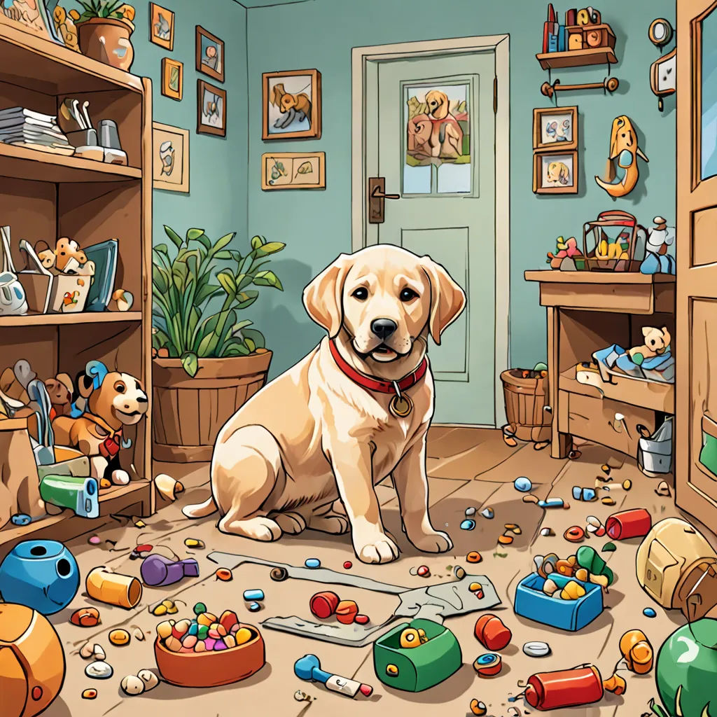 a dog sitting in a room with toys all around it and a door in the background with a dog on the floor, lyco art, a storybook illustration, Chris LaBrooy, highly detailed digital art