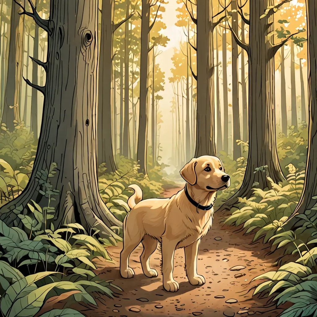 a dog standing in the middle of a forest with trees and leaves on the ground and a path leading to it, furry art, a comic book panel, Dan Mumford, storybook illustration