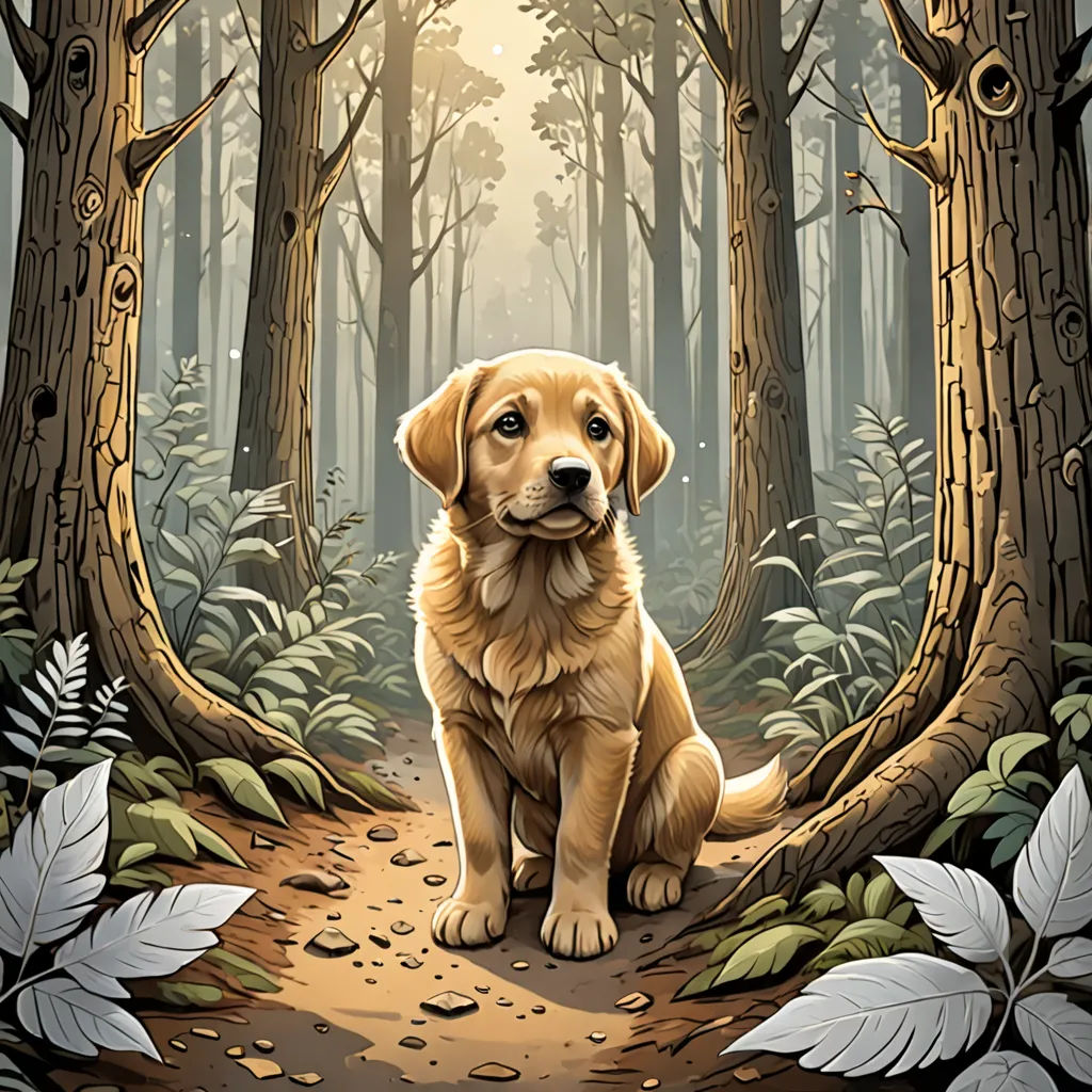 a dog sitting in the middle of a forest with leaves on the ground and a sun shining through the trees, furry art, a storybook illustration, Dan Mumford, storybook illustration