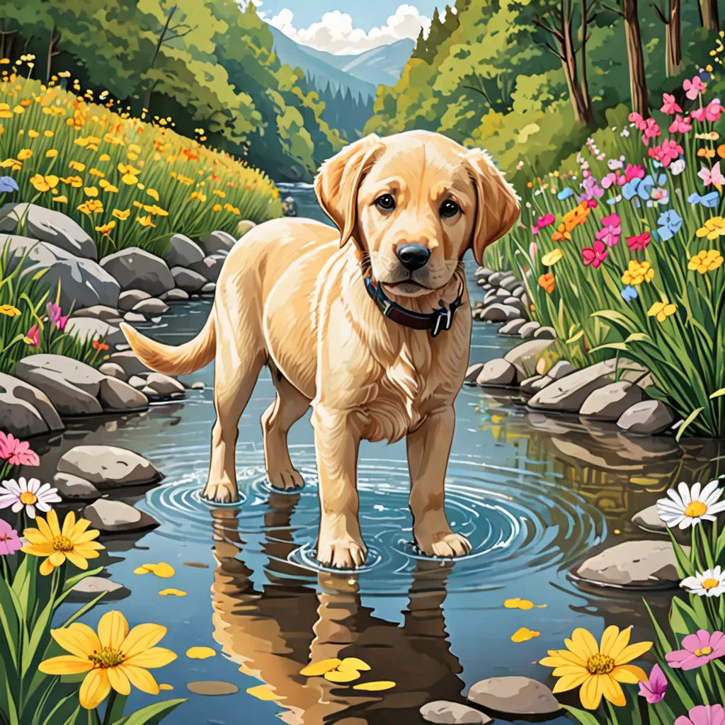 a dog standing in a stream of water surrounded by flowers and rocks with a mountain in the background and a forest, environmental art, a storybook illustration, Chris LaBrooy, highly detailed digital painting
