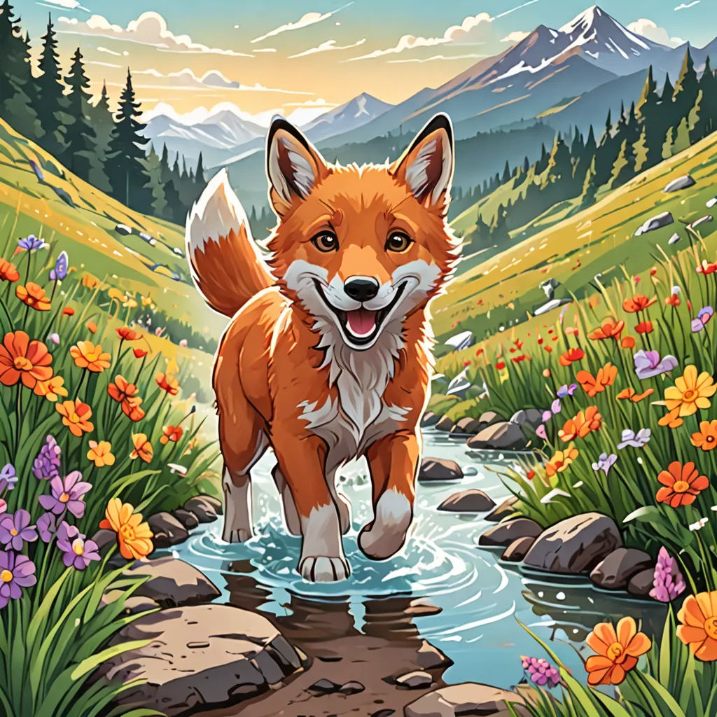 a painting of a fox in a field of flowers and grass with a stream running through it, with mountains in the background, furry art, a storybook illustration, Dan Mumford, promotional image