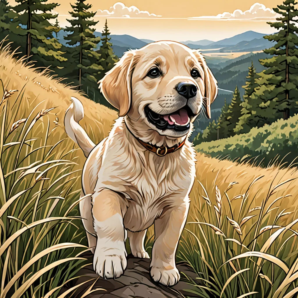 a dog standing on a rock in a field of grass with mountains in the background and a sunset in the sky, furry art, a comic book panel, Dan Mumford, high detail illustration