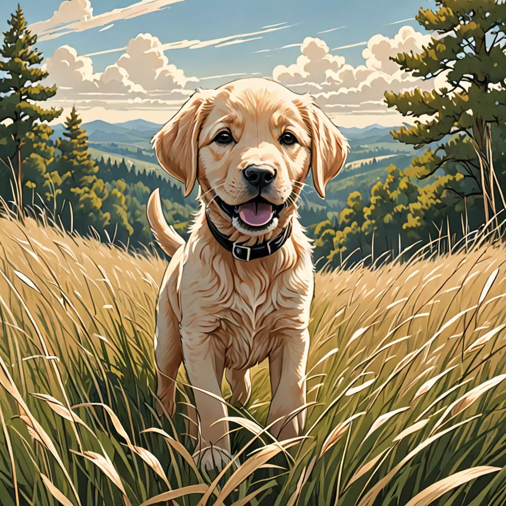 a painting of a dog standing in a field of grass with mountains in the background and clouds in the sky, american scene painting, a comic book panel, Dan Mumford, highly detailed digital painting