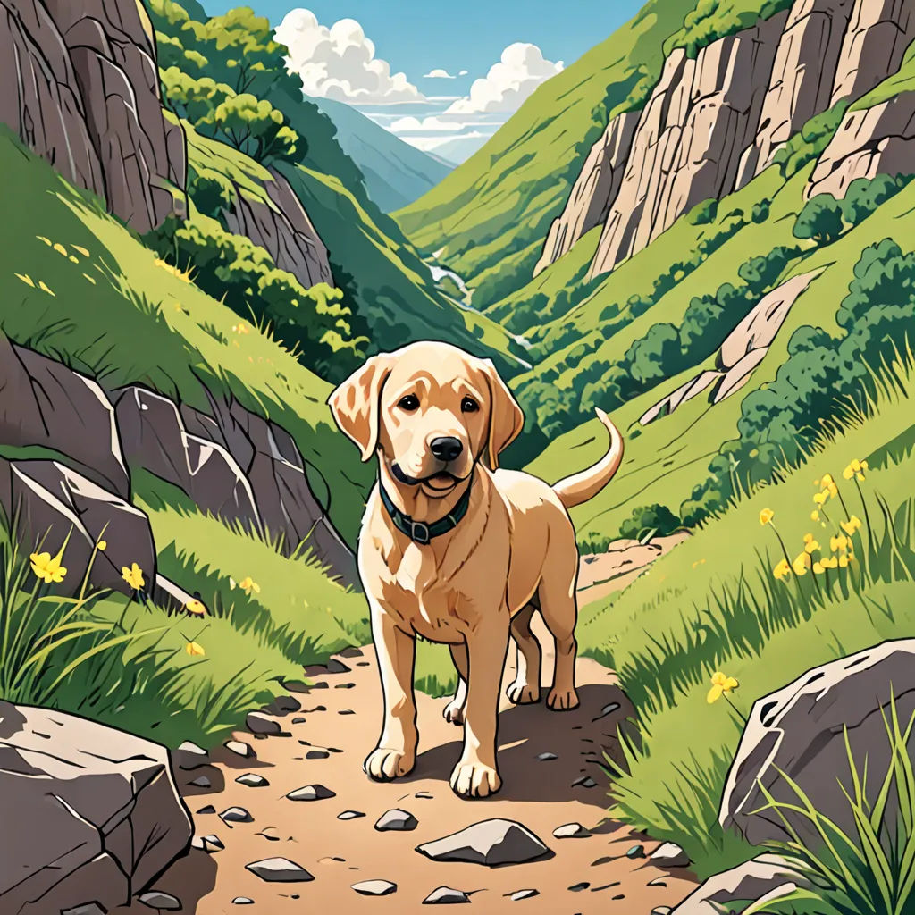 a dog standing on a path in a mountain valley with a mountain range in the background and a valley with yellow flowers, furry art, a comic book panel, Dan Mumford, official art