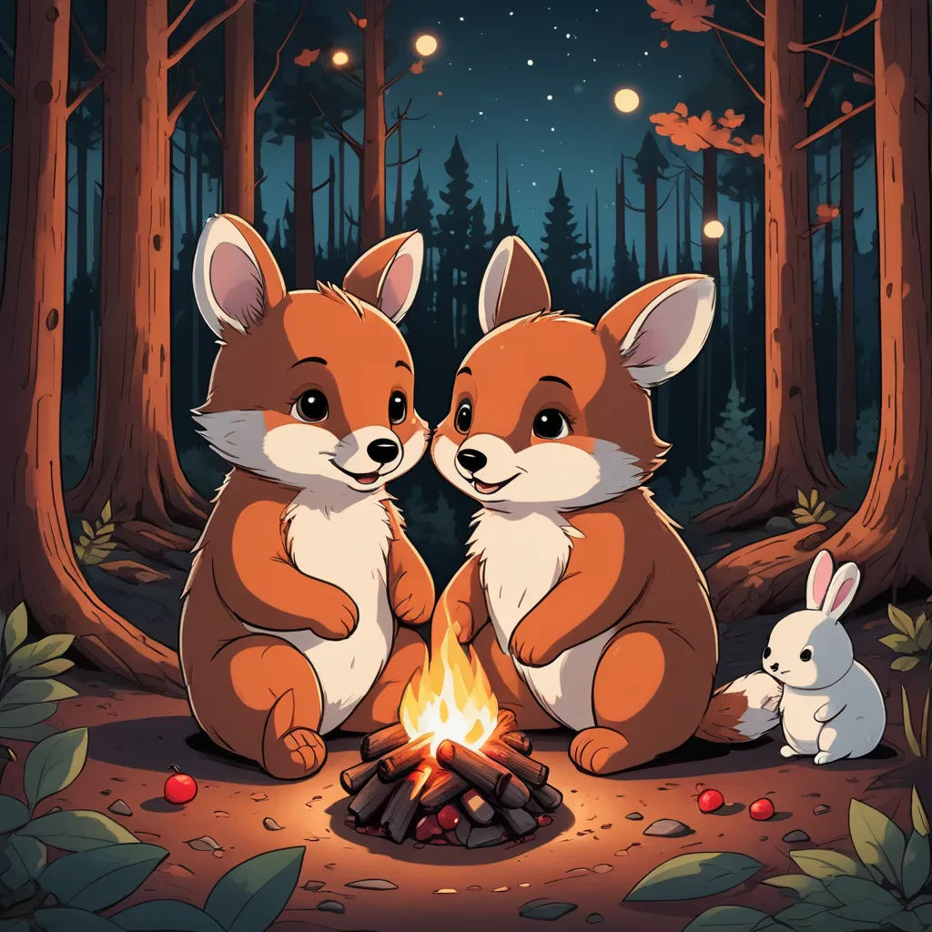 two foxes sitting next to a campfire in the woods at night with a rabbit nearby looking at the fire, sots art, a storybook illustration, Dan Mumford, game art