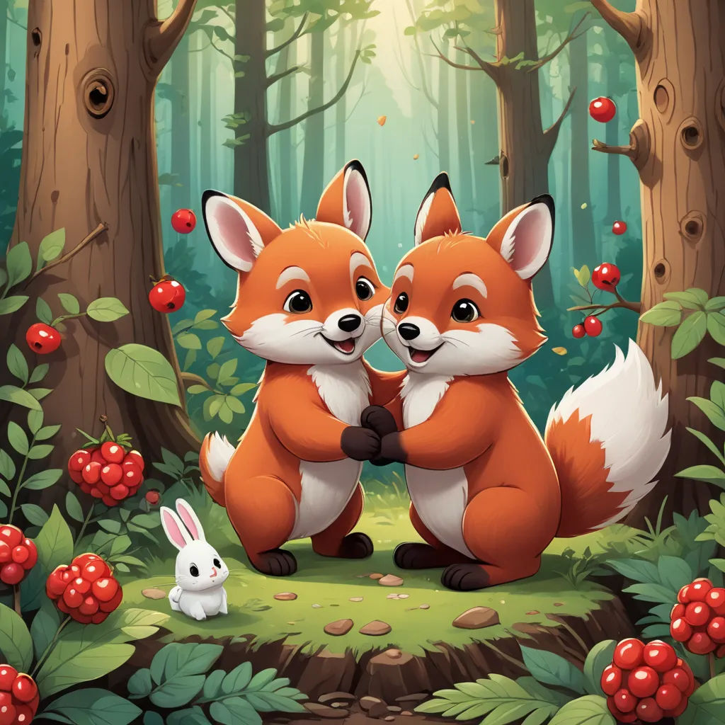 two foxes in the forest with a rabbit in the foreground and a forest background with berries on the ground, furry art, a storybook illustration, Bálint Kiss, game art