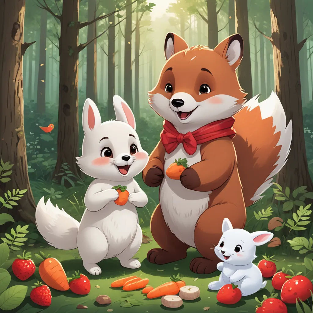 a fox and two rabbits in a forest with mushrooms and carrots on the ground, and a forest background, furry art, a storybook illustration, David Martin, key art