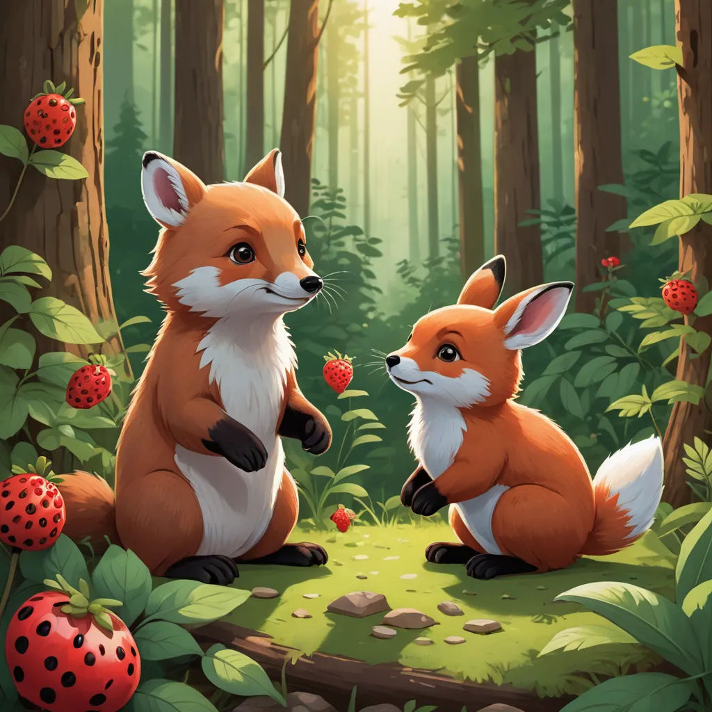 a couple of foxes sitting on top of a forest floor next to a forest filled with trees and berries, furry art, a storybook illustration, Dan Mumford, official art