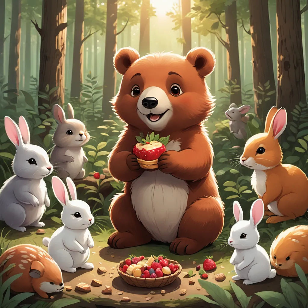 a bear surrounded by rabbits eating strawberries in the forest with a basket of strawberries in his hand, furry art, a storybook illustration, Chris LaBrooy, official art