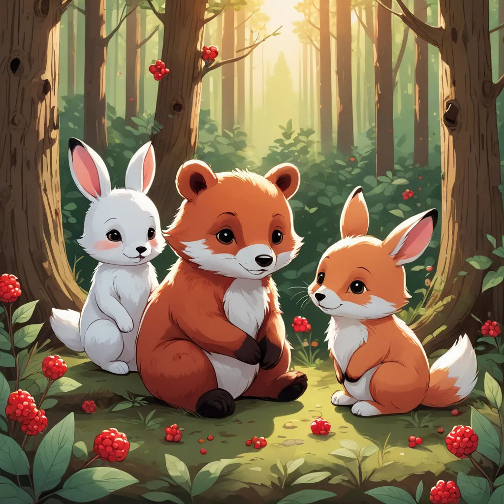 a couple of foxes sitting in the forest together with flowers and berries around them, with a forest background, furry art, a storybook illustration, Diego Gisbert Llorens, official art