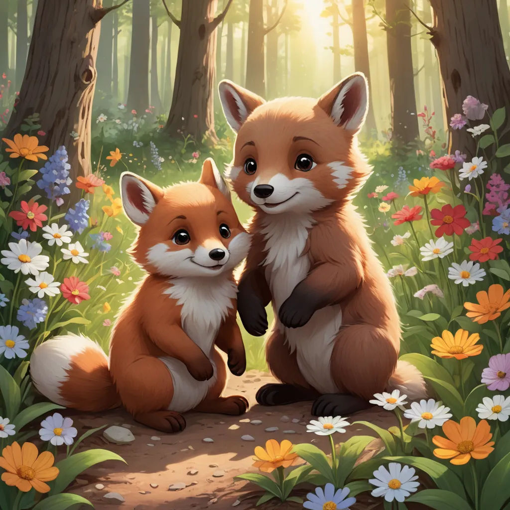a couple of foxes sitting next to each other in a forest filled with flowers and trees with sunlight shining through the trees, furry art, a painting, Brothers Hildebrandt, official art