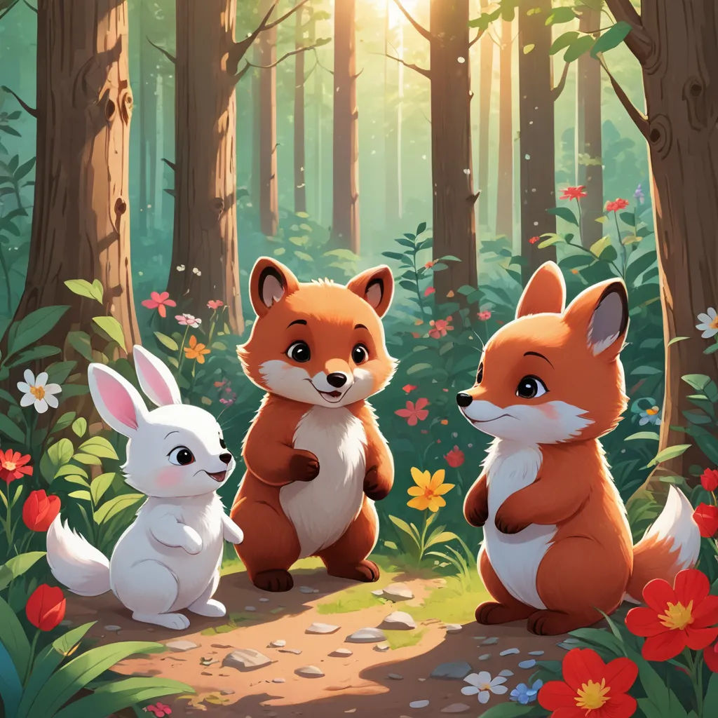 a couple of foxes standing next to each other in a forest filled with flowers and trees with a baby rabbit, sots art, a storybook illustration, Diego Gisbert Llorens, key art