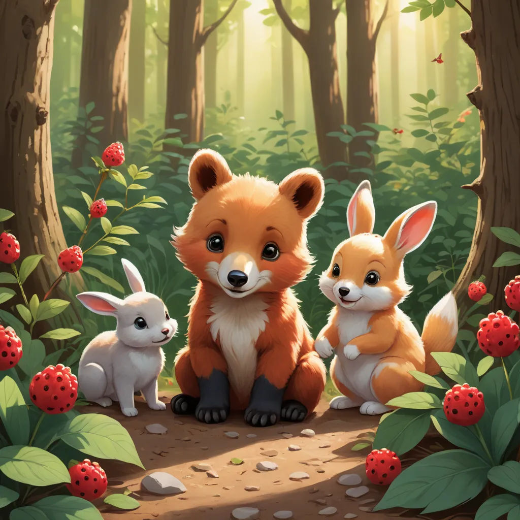 a painting of a fox and two baby foxes in a forest with berries and berries on the ground and a forest background, furry art, a storybook illustration, Chris LaBrooy, key art
