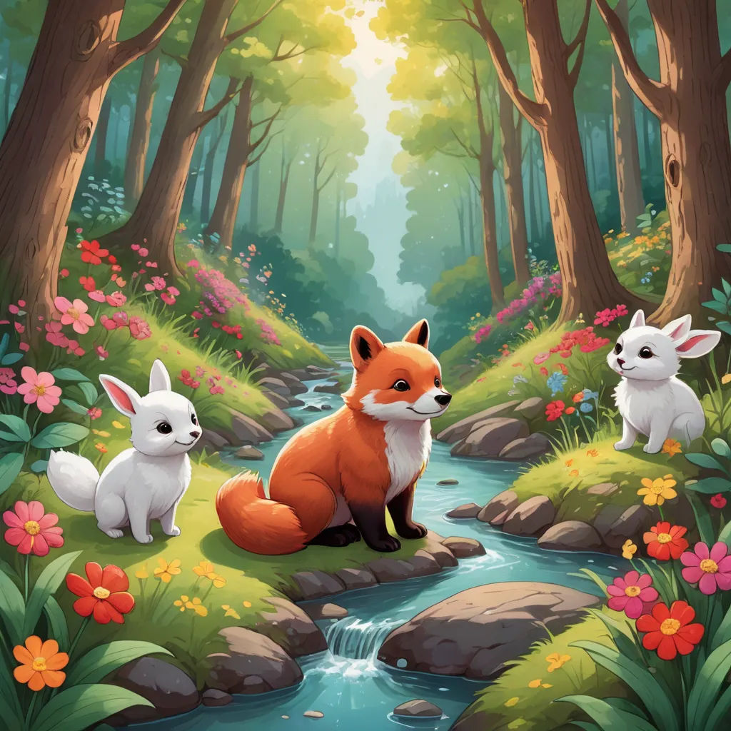 a painting of a fox and two rabbits in a forest with a stream running through it and flowers around it, fantasy art, a storybook illustration, Beatrix Potter, storybook illustration