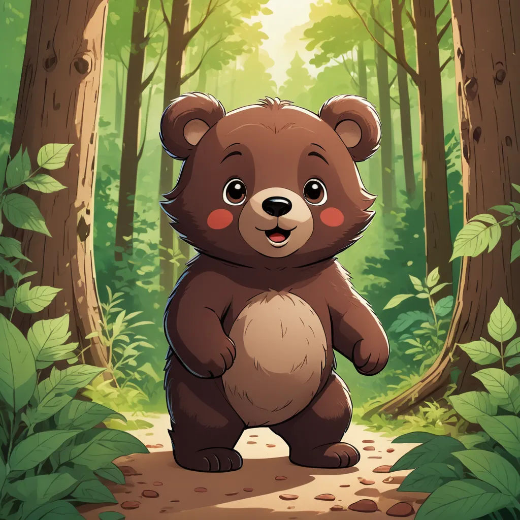 a brown bear standing in the middle of a forest with trees and leaves on the ground and a path, sots art, a character portrait, Brom, official art
