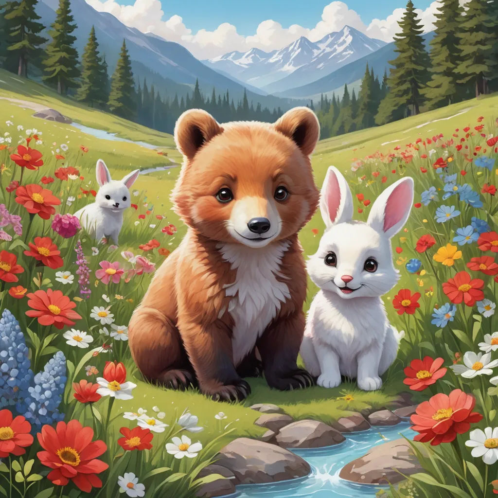 a painting of a bear and a rabbit in a field of flowers and grass with mountains in the background, furry art, a detailed painting, Chris LaBrooy, key art