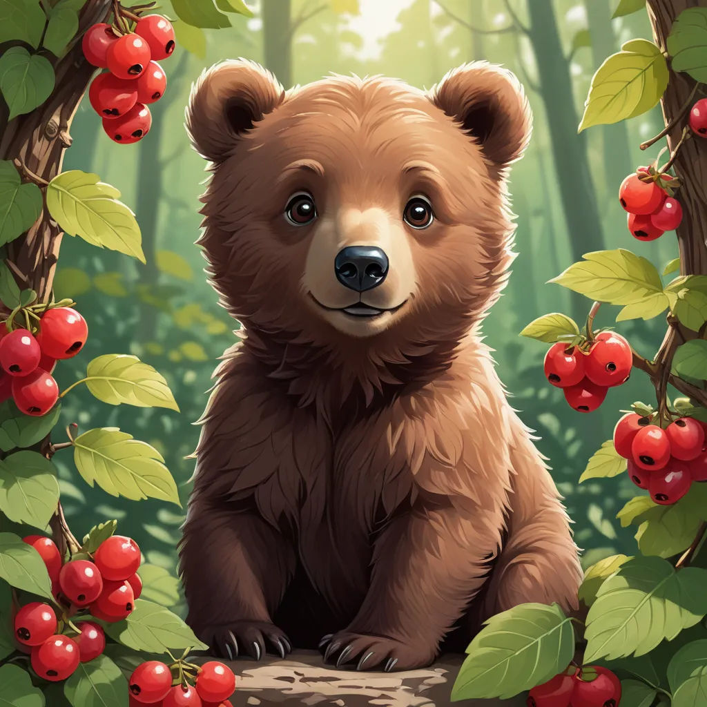 a bear sitting in a forest with berries on the ground and a tree with berries on it, with a forest background, fantasy art, a character portrait, Chris LaBrooy, berries