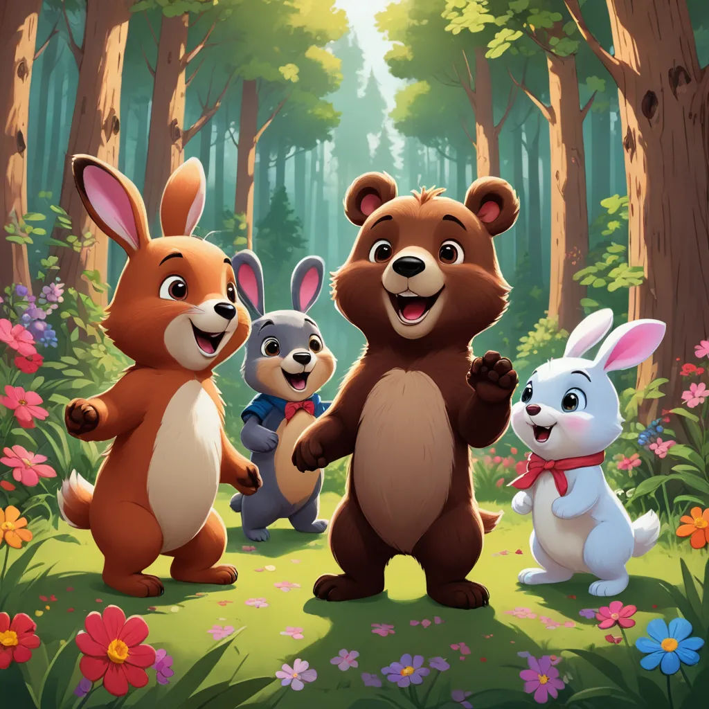 a group of animals standing in a forest with flowers and trees in the background, with a bear and two rabbits, sots art, a storybook illustration, Chris LaBrooy, promotional image