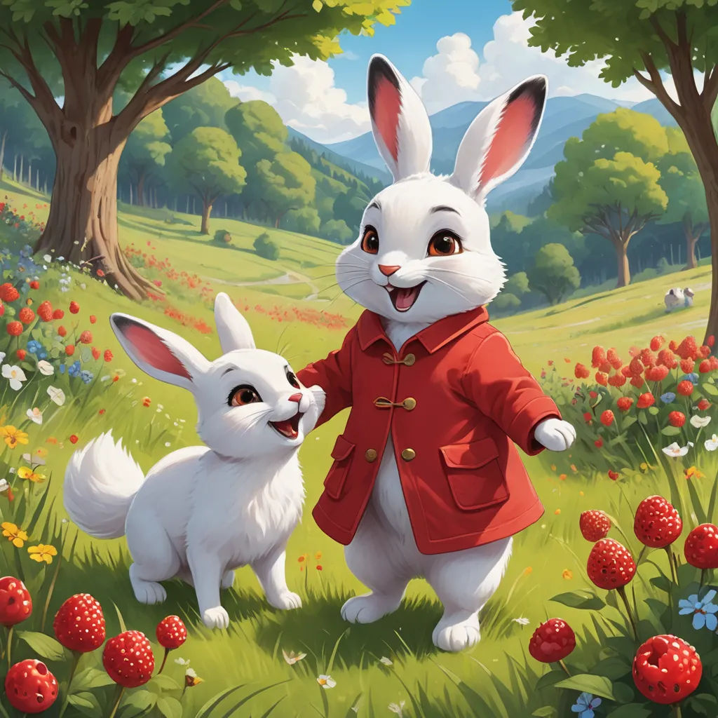a painting of two rabbits in a field with flowers and trees in the background, one of them is holding the other's hand, furry art, an ultrafine detailed painting, Chris LaBrooy, official art