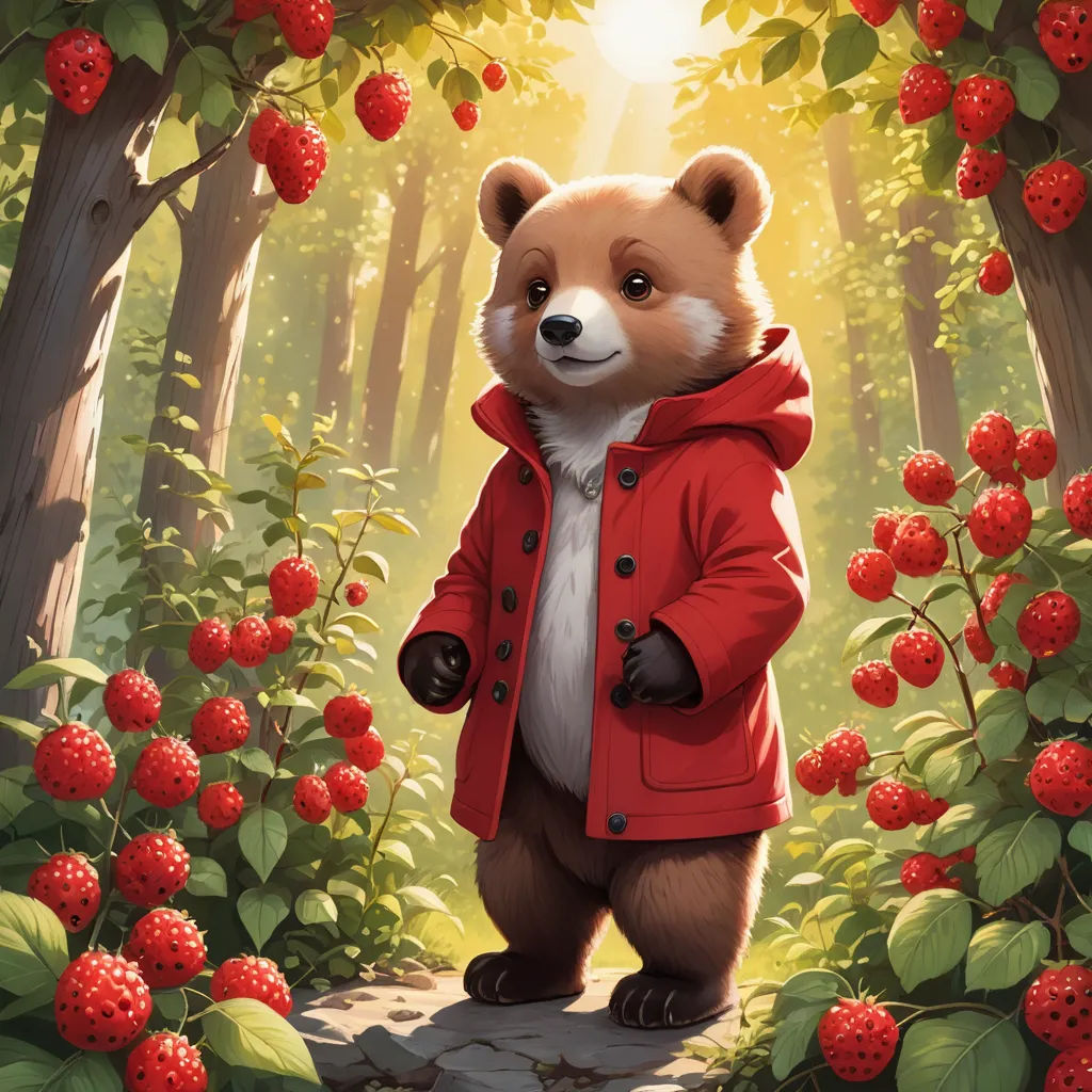 a painting of a bear in a red jacket in a forest with berries on the ground and trees and bushes, furry art, a character portrait, Chris LaBrooy, official art