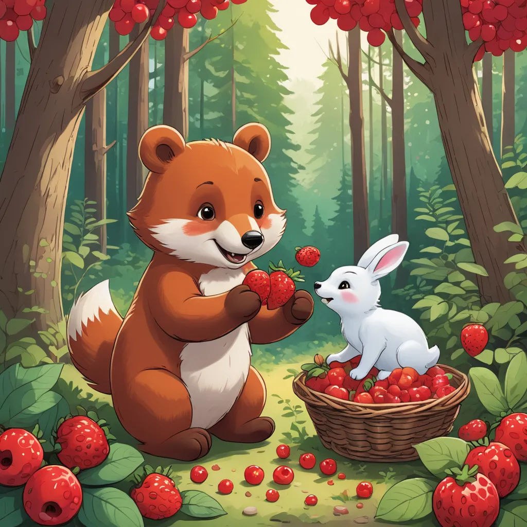 a bear and a bunny are eating strawberries in the forest with berries in the basket and berries in the basket, furry art, a storybook illustration, Chris LaBrooy, berries