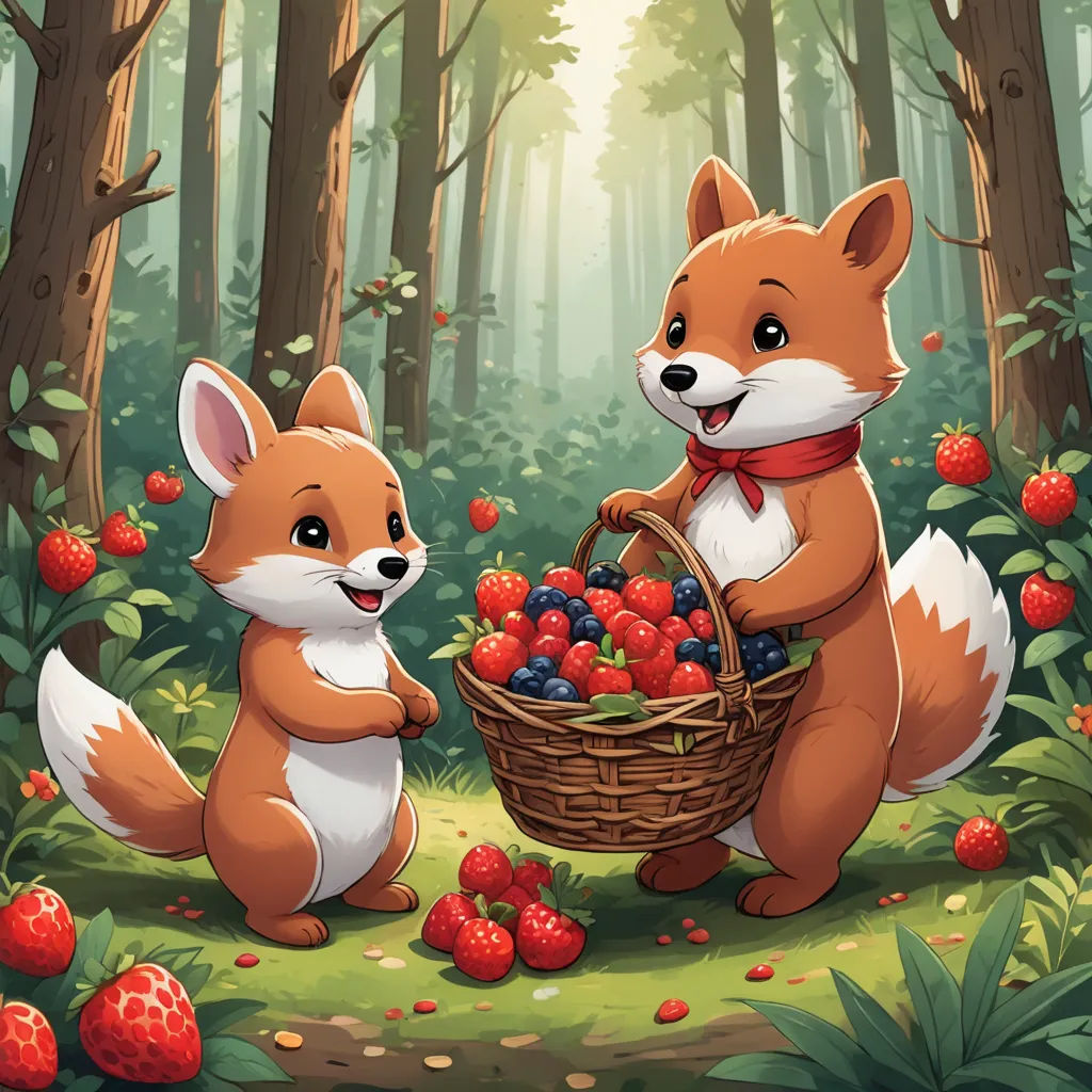 two foxes in the forest with a basket of berries and berries on the ground, one of them is eating, furry art, a storybook illustration, Brom, berries