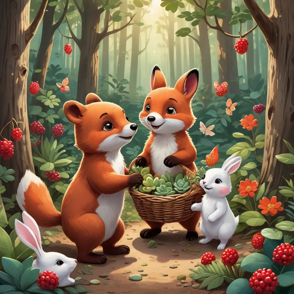 a painting of two foxes and a rabbit in a forest with berries and berries on the ground, and a basket of berries in the foreground, fantasy art, a storybook illustration, Bálint Kiss, official art