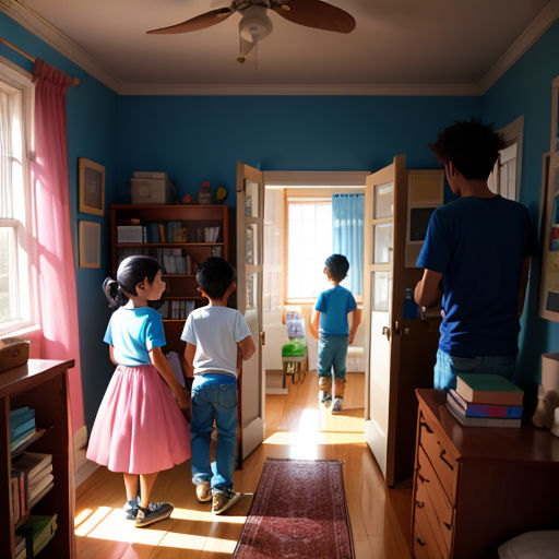 a group of children standing in a room with a ceiling fan and a rug on the floor and a man standing in the doorway