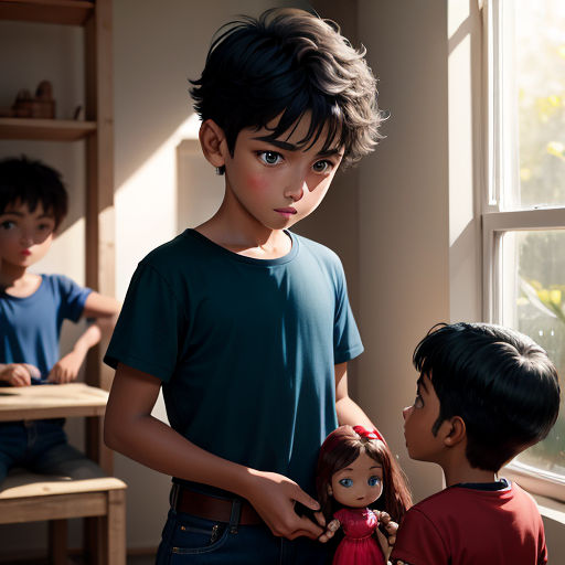 a boy and a girl are standing in front of a window with a doll in their hands and a doll in their other hand