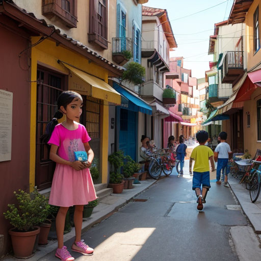 a young girl standing in the middle of a street with a boy on a scooter in front of her