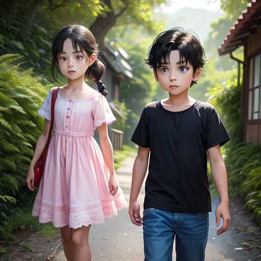 a couple of kids walking down a road next to a forest of trees and bushes with a red purse