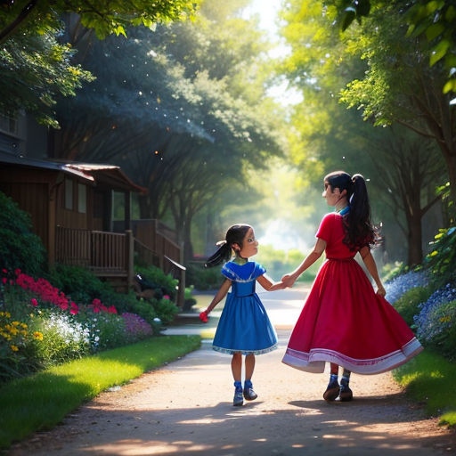two little girls walking down a path holding hands and looking at each other with a house in the background