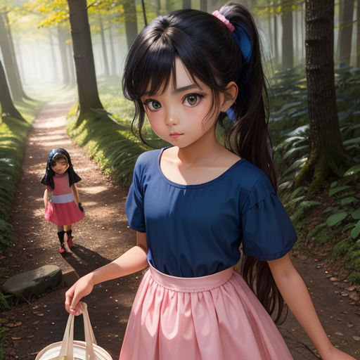 a little girl holding a bag and a doll walking down a path in the woods with a forest background