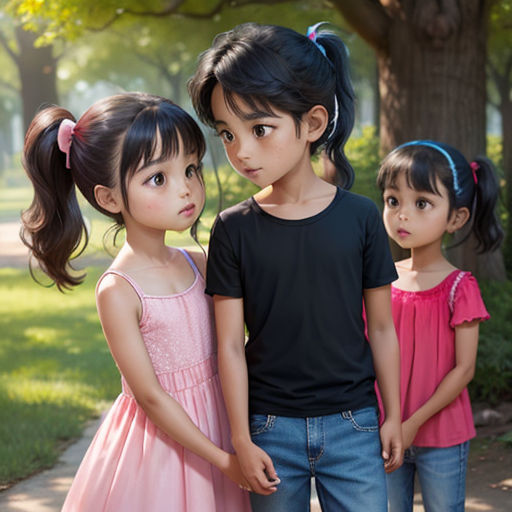 three little girls standing next to each other in a park with trees in the background and grass in the foreground