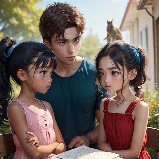 a man and two young girls sitting on a bench looking at a book together, with a cat on the back of the chair