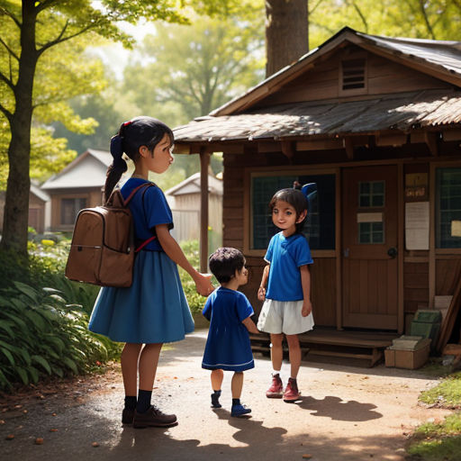 a group of children standing in front of a small wooden house holding hands and looking at each other with a backpack on their back