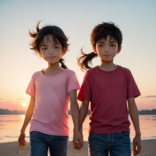 two children standing on a beach at sunset with their hands in their pockets and their hair in the air