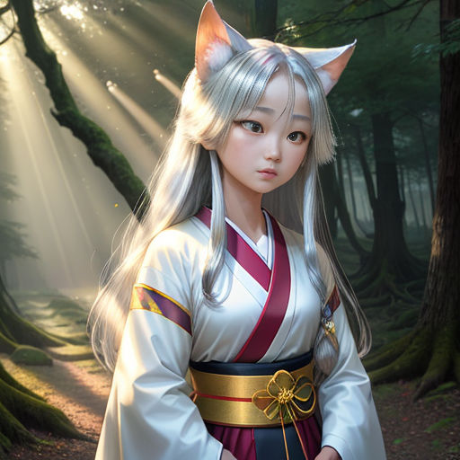 a woman in a white and red dress standing in a forest with a cat on her head and a cat on her shoulder