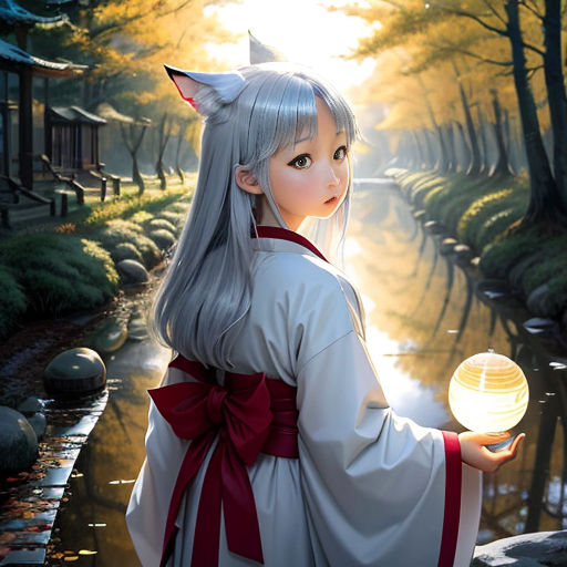 a woman in a white dress holding a ball in her hand and a cat on her shoulder, standing in front of a pond