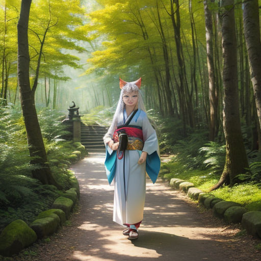 a woman in a costume walking down a path in the woods with a cat on her head and a camera in her hand